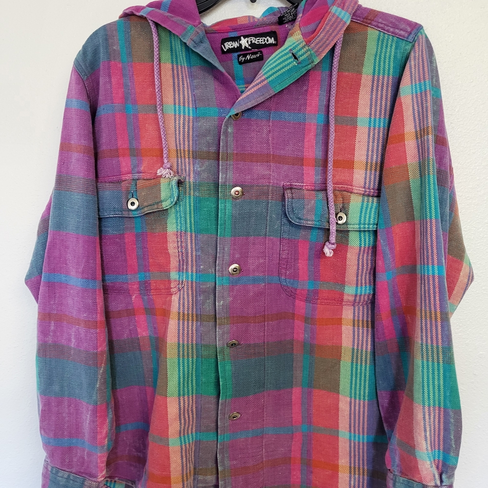 90s Multicolor Plaid Jean Jacket With Adjustable Hood And Button Closure Size S